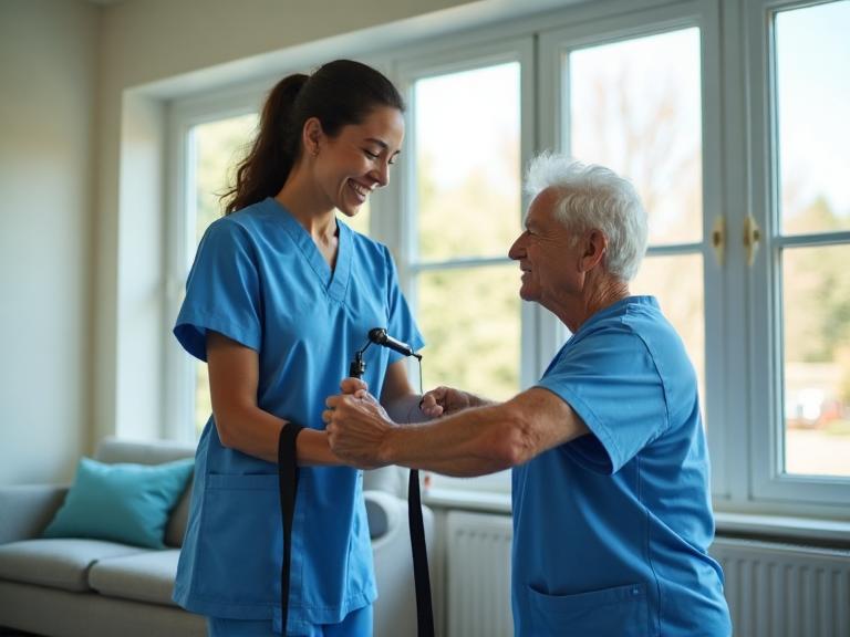 Caregiver helping patient with exercises