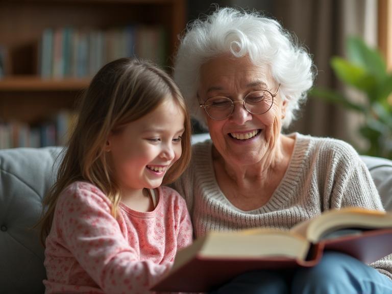 Grandmother and grandchild reading together