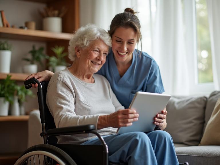 Caregiver comforting a person living with Alzheimer's or dementia at home